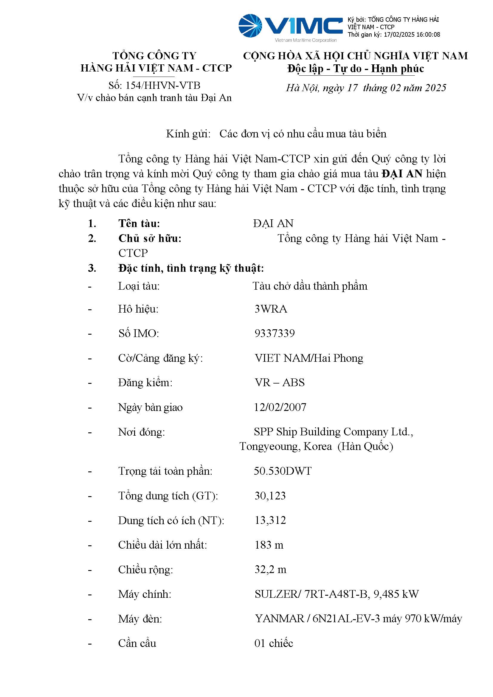Thư chào bán tàu Đại An